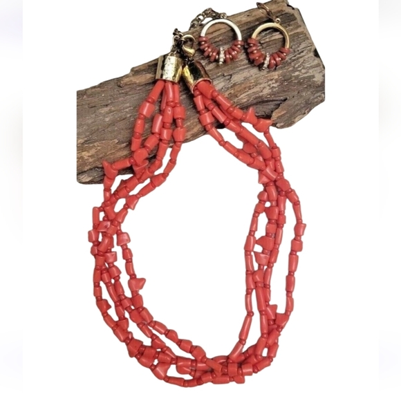 Chico's Faux Coral Chunky Multi Strand Beaded Elegant Necklace & Earrings - Picture 1 of 8